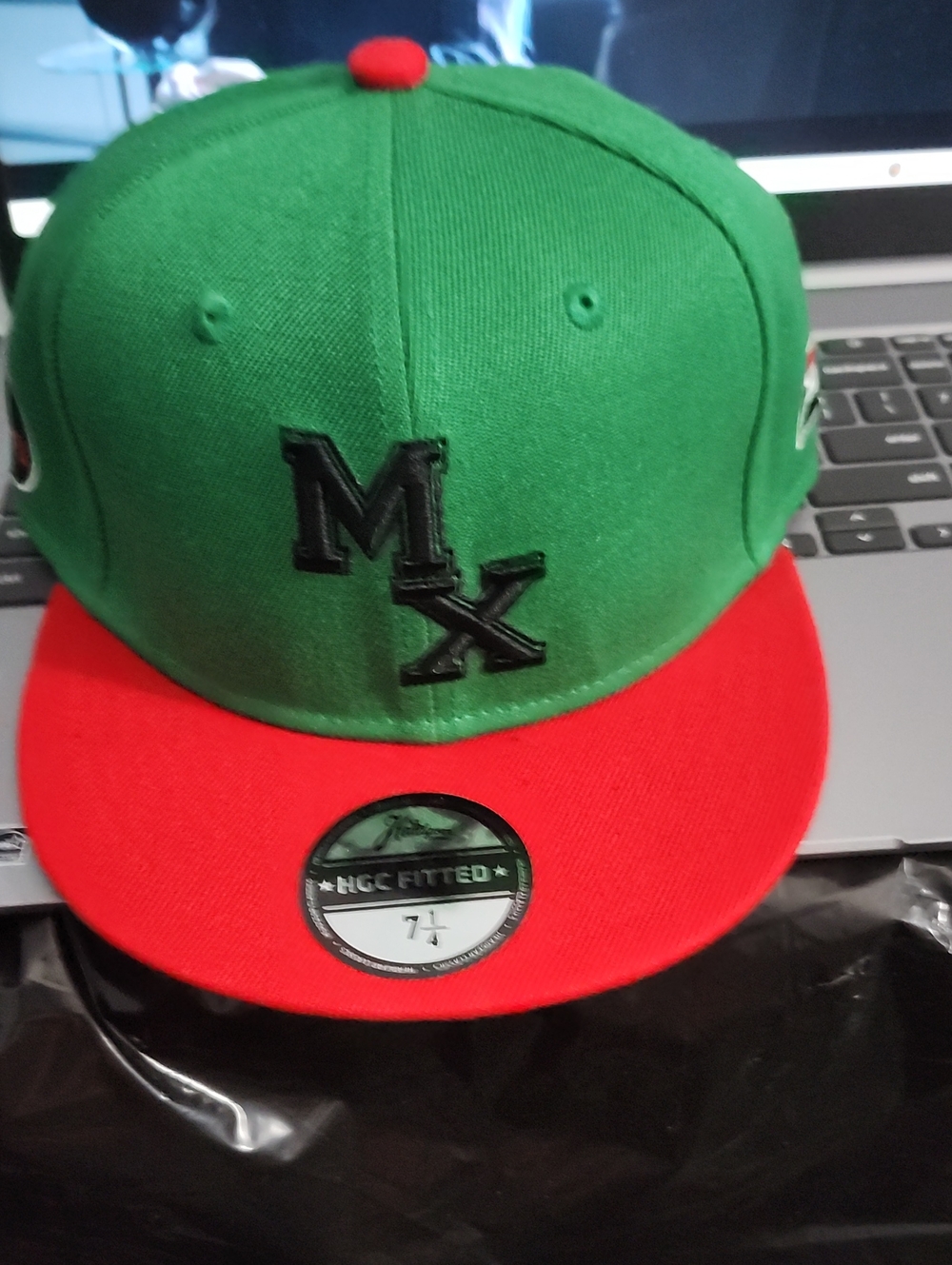 MX Embroidered Two-Tone Green and Red Fitted Hat